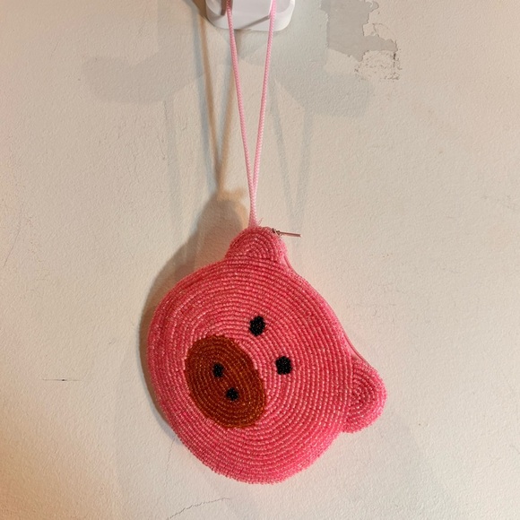 Pink Beaded Pig Face Bag Charm Coin Purse with Zipper - Picture 3 of 7